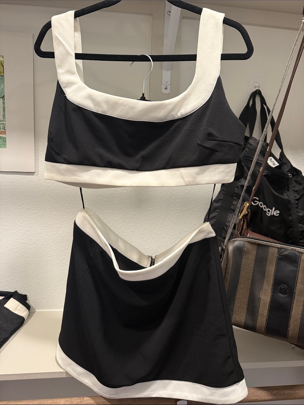 Black & Cream Bandeau Crop Top and Mini Skirt Set